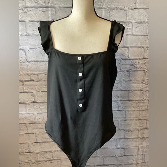 Shein - Plus Size Black Square Neck Flutter Strap Body Suit - Picture 1 of 5